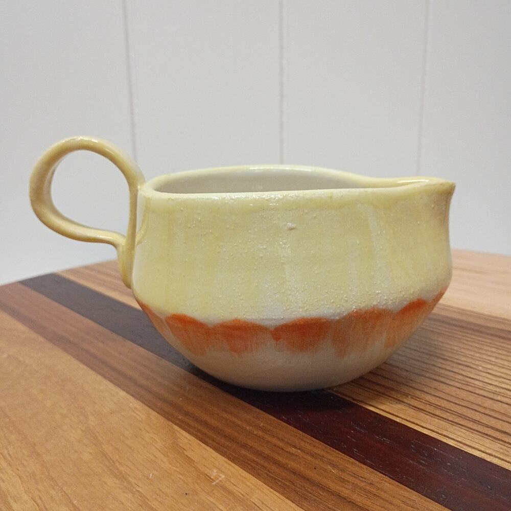 Vintage Studio Art Pottery Creamer Pitcher Yellow Glaze Orange Scalloped Band